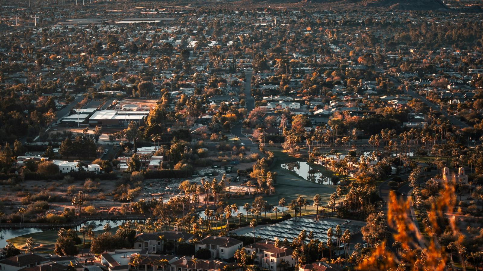 Greater Phoenix at dusk, seen from the surrounding mountains