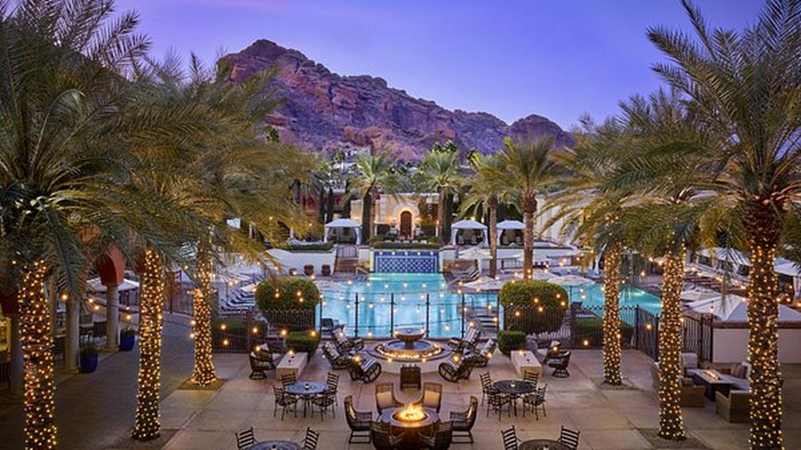 Restaurant patio and pool at dusk in the Phoenix area