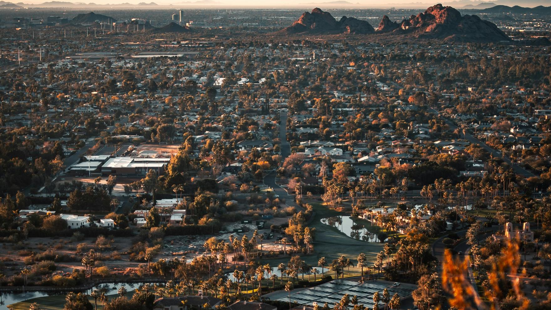 Greater Phoenix at dusk, seen from the surrounding mountains